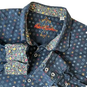 Robert Graham Knowledge Wisdom‎ Truth Button Up Flip Cuff Blue Hexagon Shirt 2XL